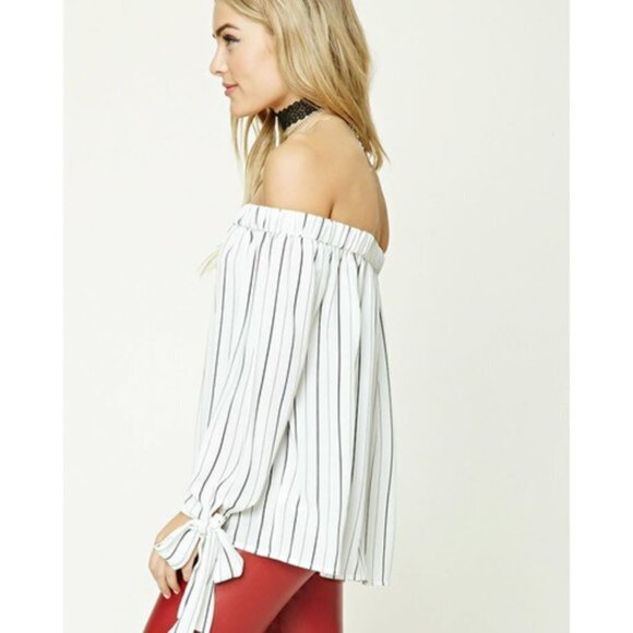 Forever 21 Blouse Womens Stripe Off Shoulder white - Picture 2 of 7